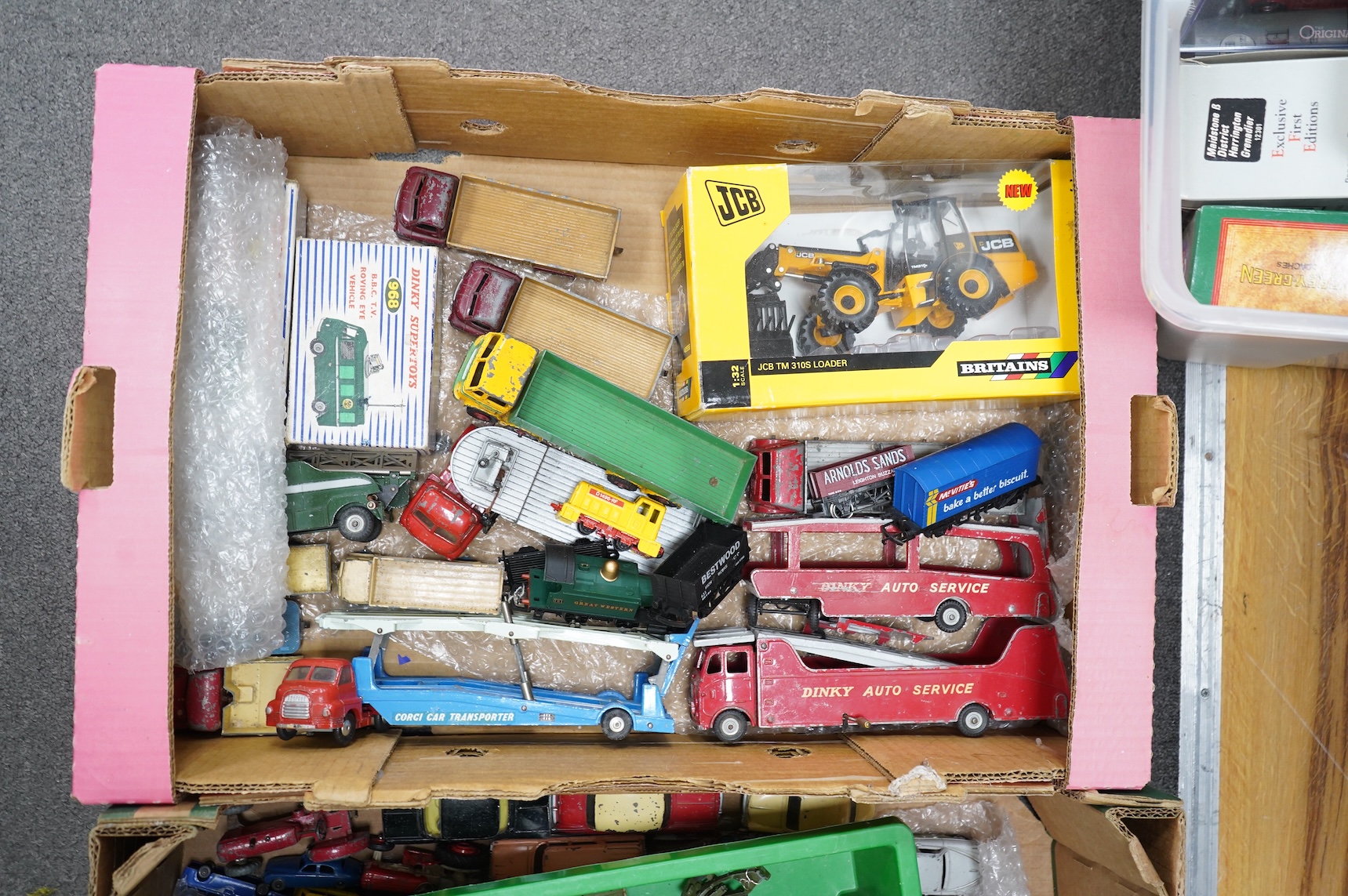 A quantity of 1950s/60s Dinky Toys, Corgi Toys, Matchbox Series, etc. including two boxed Dinky Supertoys; BBC T.V. Mobile Control Room (967), BBC T.V. Roving Eye Vehicle (968), together with unboxed vehicles including;